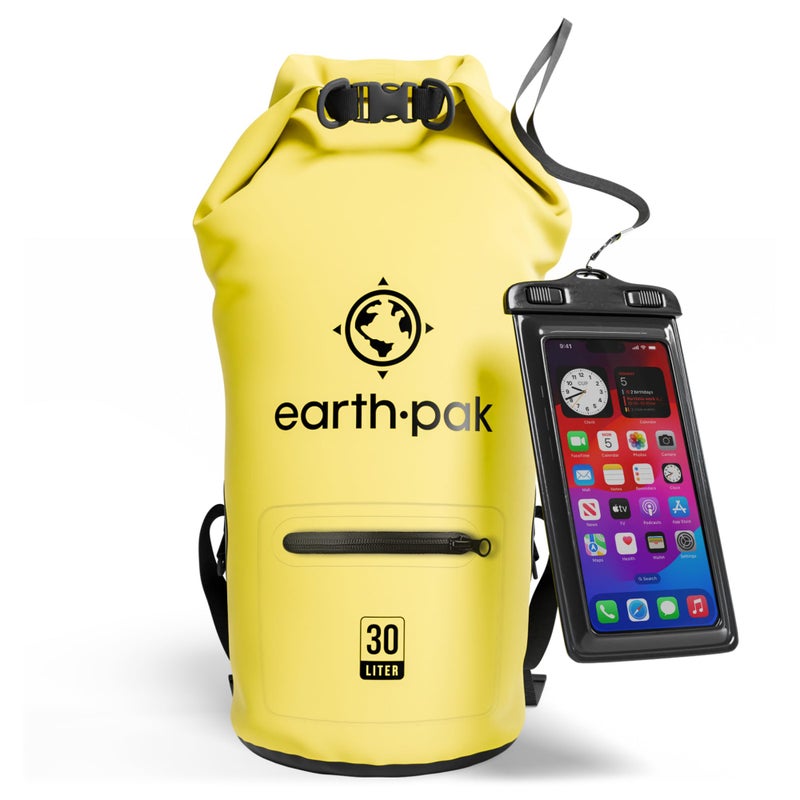 Earth Pak حقيبة جافة مقاومة للماء من إيرث باك مع جيب بسحاب - حقيبة ظهر جافة مقاومة للماء تحافظ على المعدات جافة للتجديف، التخييم، الصيد، حقيبة الشاطئ، ملحقات الكاياك - حقائب جافة مقاومة للماء مع حافظة للهاتف 30 لتر - Image 1